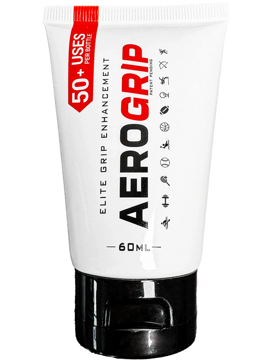 a 60ml Aerogrip product tube featuring ELITE GRIP ENHANCEMENT and various sport icons for potential use cases